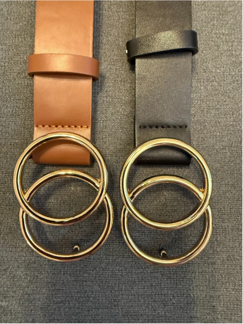2 faux leather belts distinctive gold-toned double O-ring buckle black brown